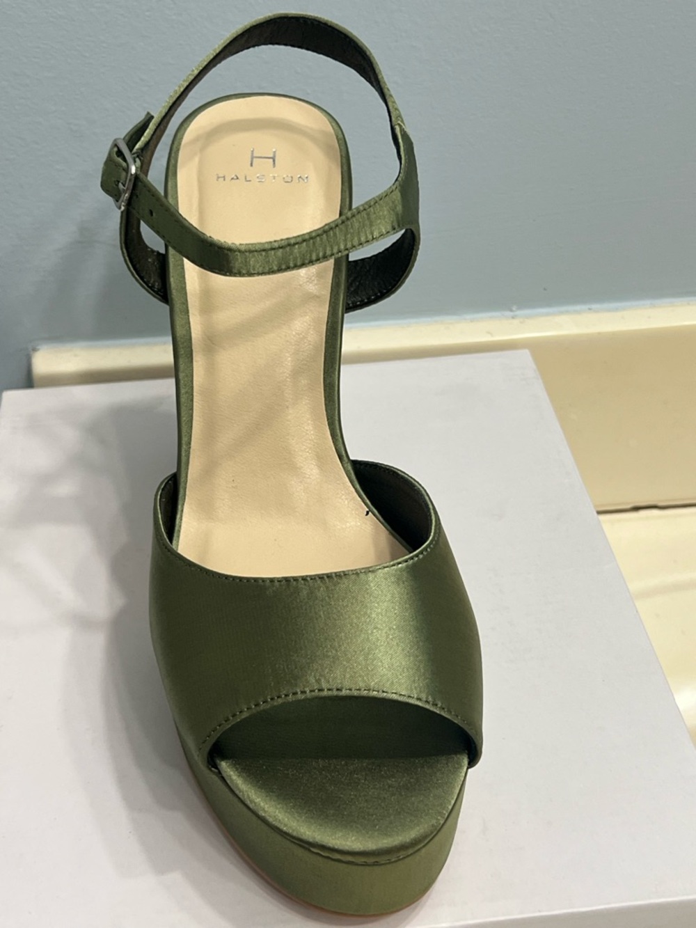 Halston Heritage Satin Olive Platform Sandals with Ankle Strap